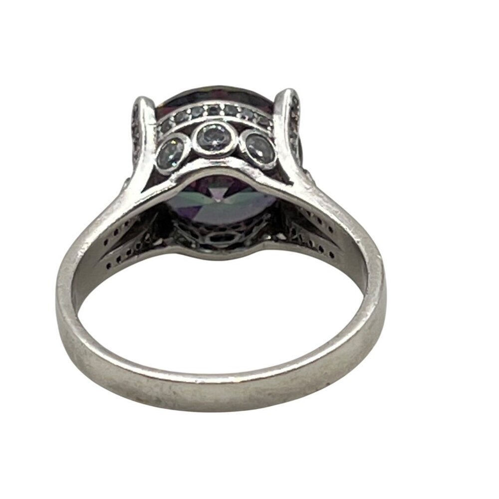 Sterling Silver Mystic Topaz Ring Sz 9 Rainbow 12mm Stone CZ Accents Art Deco - Picture 5 of 13